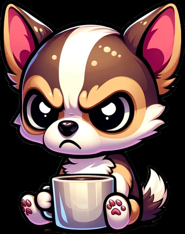 Peanut the chihuahua, wide-eyed and furious beside a tiny espresso