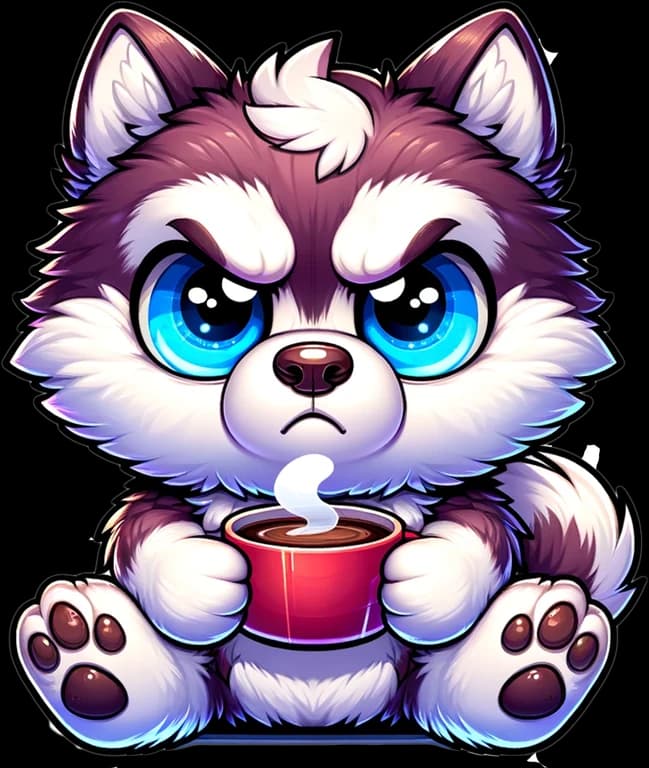 Kai the husky, ice-blue eyes narrowed over a red coffee cup